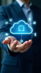 Fototapeta premium A hand gently holding a luminous cloud icon surrounded by digital symbols. A symbol of connectivity, data storage, and cloud services