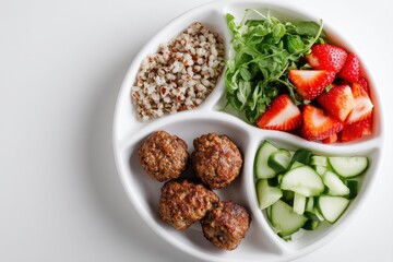Healthy kids meal: meatballs, quinoa, strawberries, cucumber, and arugula on a divided plate. : Generative AI