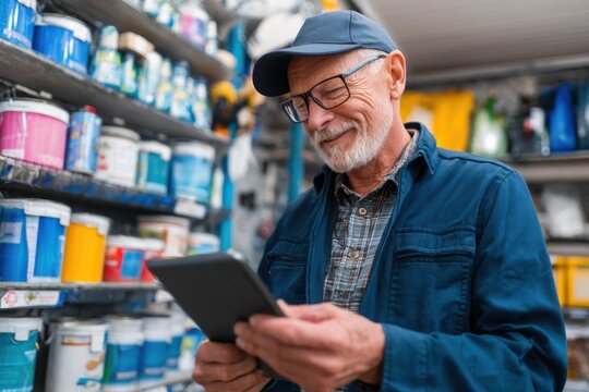 Senior man, wearing glasses and a blue jacket, uses a tablet in a hardware store filled with paint cans and various supplies. He's checking inventory or placing an order. : Generative AI