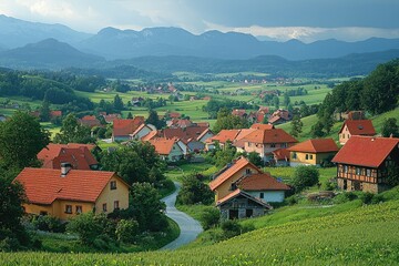 Scenic village nestled in a valley amongst rolling hills.