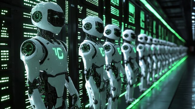 Futuristic robots in server room ai automation and technology concept