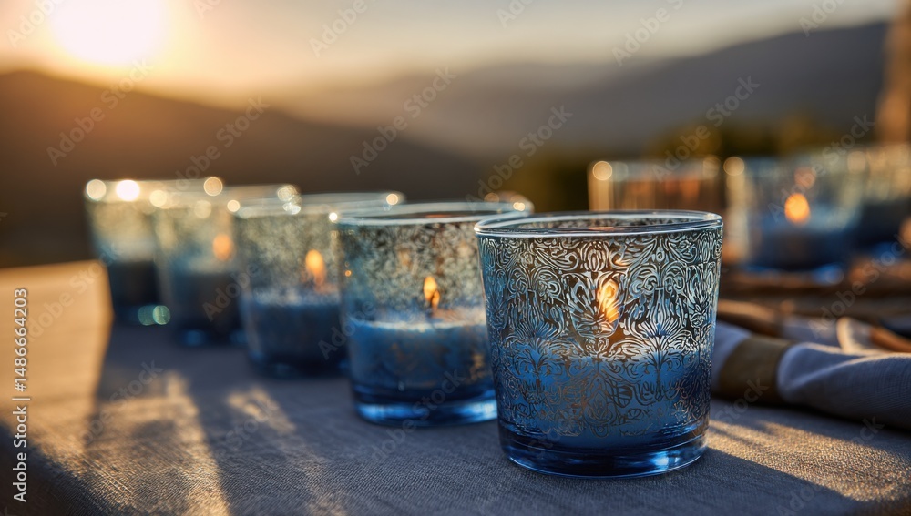 Poster scenic sunset view with a row of blue glass candle holders, each containing a lit candle, creating a