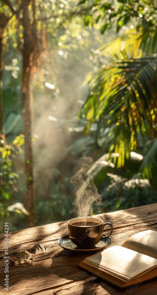 Poster a steaming cup of coffee sits on a rustic wooden table, next to an open book, with a lush, sun-dappl