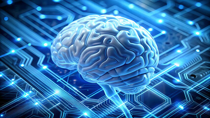 Conceptual illustration of a human brain integrated with futuristic digital circuitry and technology