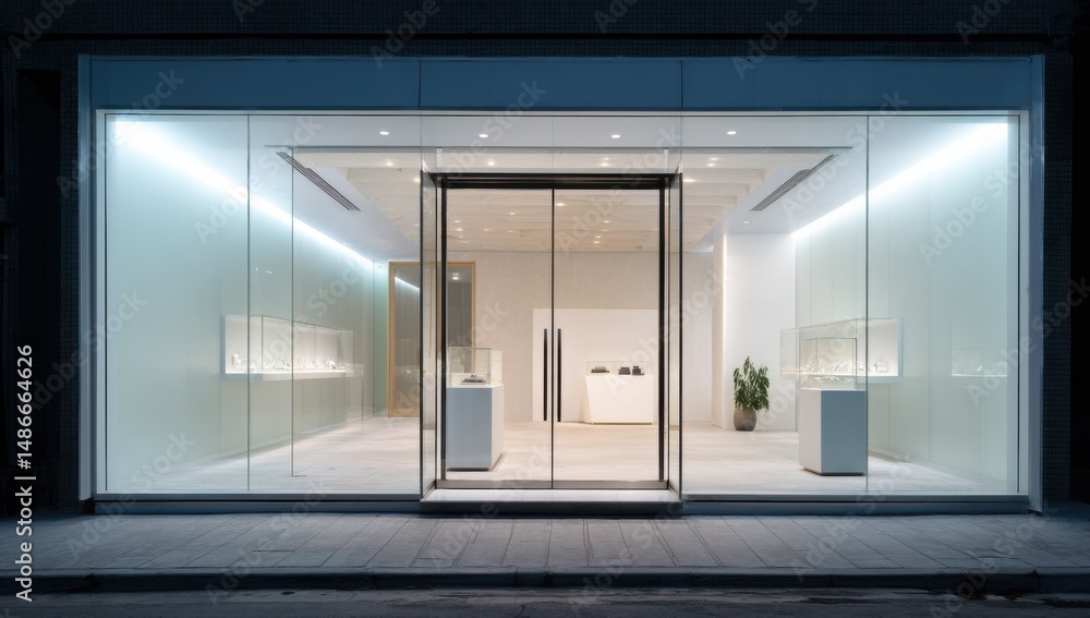 Poster modern jewelry store storefront at night, showcasing minimalist design and illuminated glass display