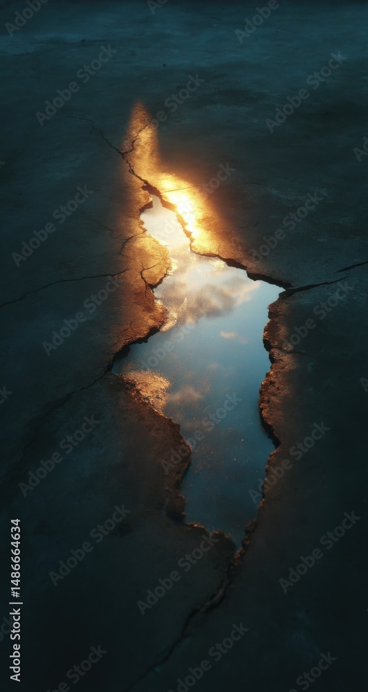 Poster sunset reflection in a crack in the asphalt, creating a glowing, linear puddle of water mirroring th