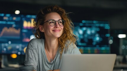 Female cybersecurity expert with glasses, smiling while reviewing data on her laptop, seated in a high-tech workspace with digital charts and analytics boards nearby