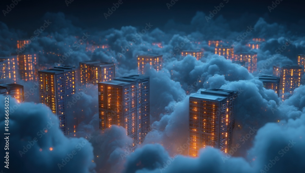 Aufkleber Futuristic cityscape of illuminated data servers nestled within a dense cloud layer, suggesting a concept of cloud computing or digital infrastructure. : Generative AI