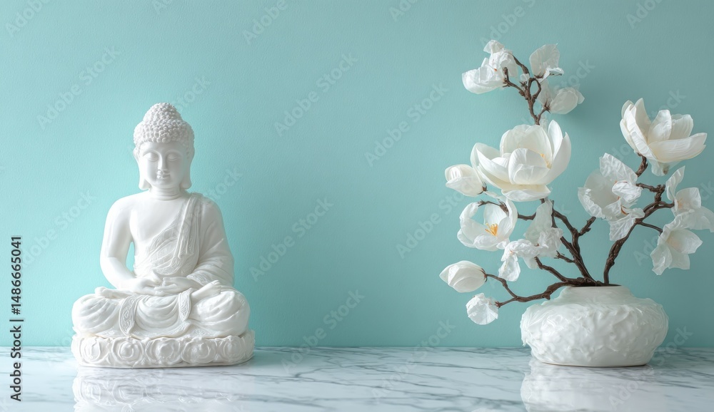 Poster serene meditation scene featuring a white buddha statue and a magnolia branch in a white vase, arran