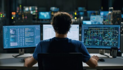 A programmer sits at a desk working late at night, intensely focused on three large computer monitors displaying lines of code and complex diagrams. : Generative AI