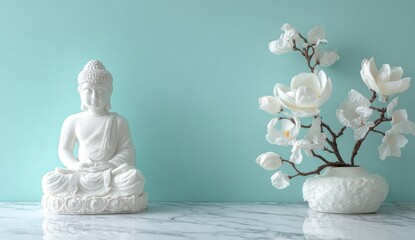 Serene meditation scene featuring a white buddha statue and a magnolia branch in a white vase, arranged on a marble surface against a light teal background. : Generative AI