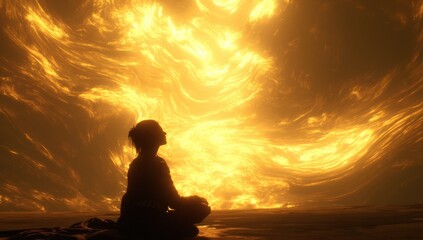 Silhouette of a woman meditating peacefully before a vibrant, swirling, golden sunset, evoking serenity and inner peace. : Generative AI