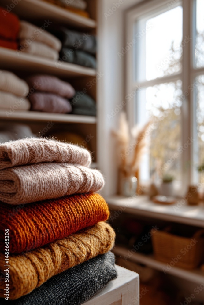 Poster a neatly stacked pile of cozy autumn sweaters in various warm colors sits on a white surface near a 