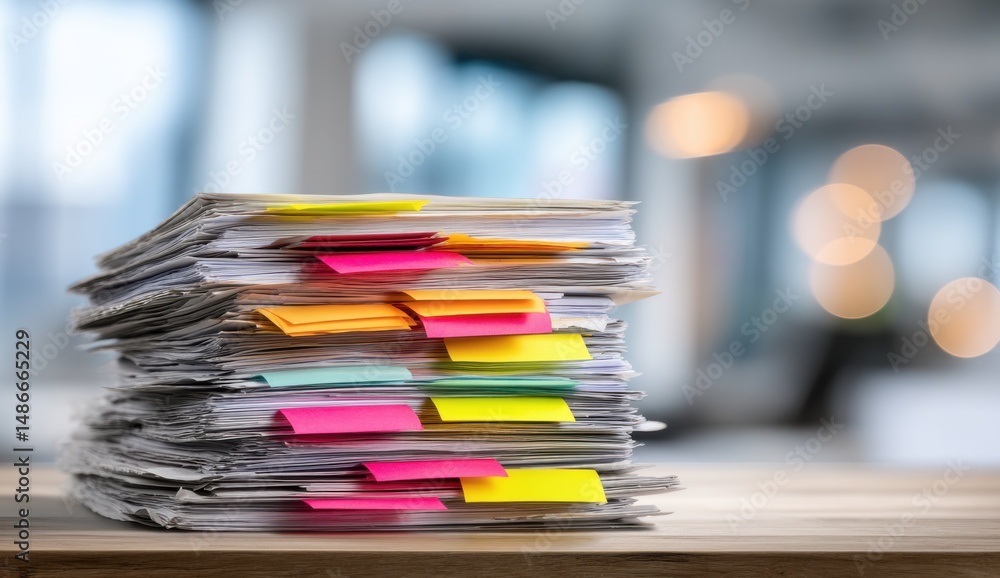 Poster A large stack of papers sits on a wooden desk, various color sticky notes mark important pages, suggesting a busy office or workspace. : Generative AI