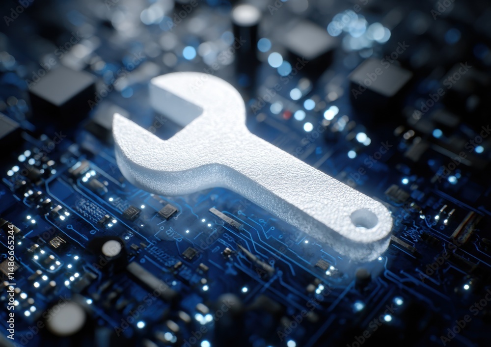 Poster white wrench symbol rests on a glowing blue circuit board, representing computer repair, technologic