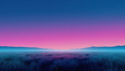 Fototapeta premium Serene twilight landscape: purple and blue hues paint the sky over a vast, misty field and distant mountains, creating a peaceful and ethereal atmosphere. : Generative AI