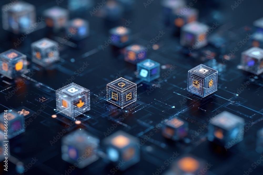 Aufkleber Abstract digital network with glowing cubes displaying various icons, representing data processing and interconnected systems.  A futuristic technology concept. : Generative AI