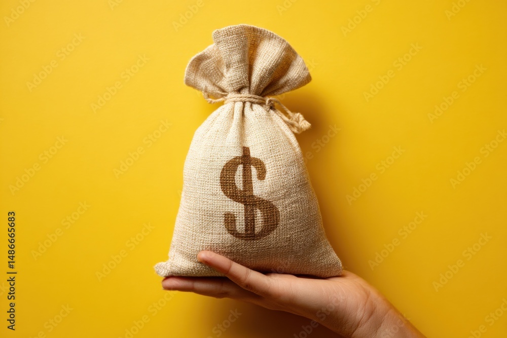 Poster a hand holds a small burlap sack with a dollar sign printed on it, against a vibrant yellow backgrou