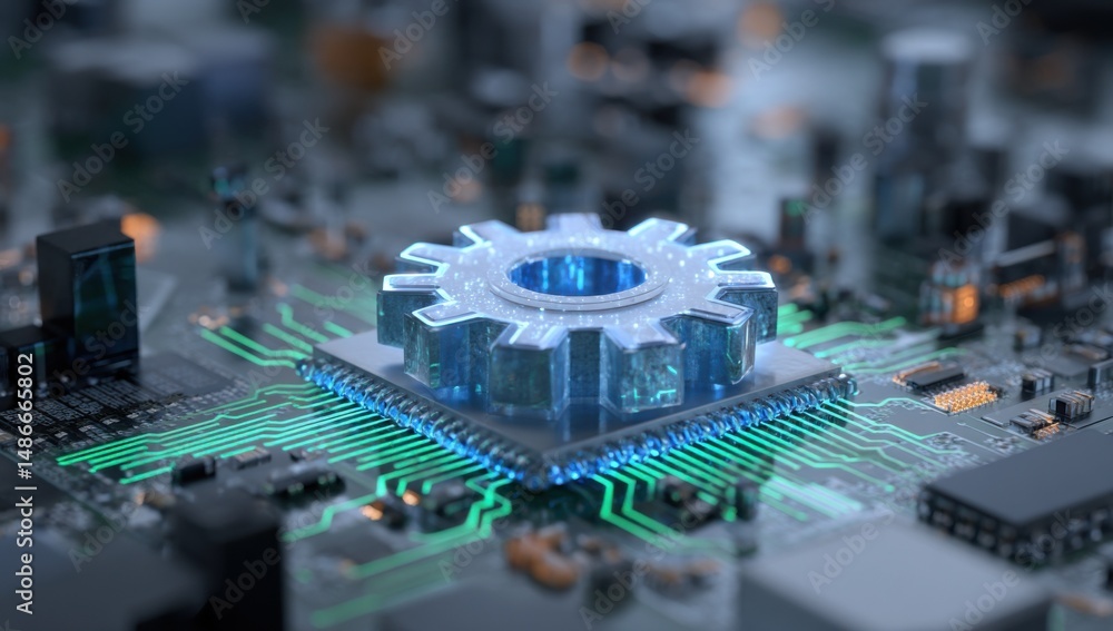 Aufkleber A translucent gear rests atop a computer processor, illuminated with vibrant teal circuitry, symbolizing technological innovation and intricate engineering. : Generative AI