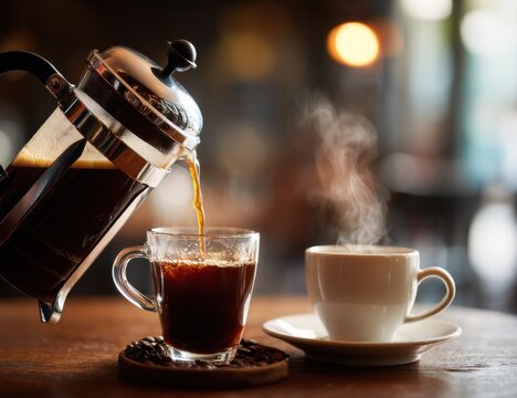 A french press pours rich, dark coffee into a clear glass mug, steam rising; a second white cup sits nearby on a wooden table in a cafe setting. : Generative AI - Powered by Adobe