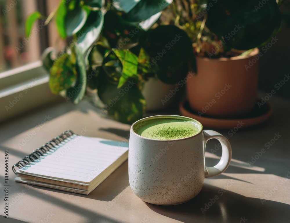 Poster a cup of green tea and a notebook on the table, with sunlight shining through the window in the back