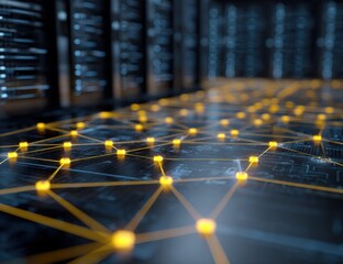 Abstract network visualization: glowing nodes connected by lines, server room background, digital data infrastructure concept. : Generative AI