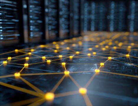 Abstract network visualization: glowing nodes connected by lines, server room background, digital data infrastructure concept. : Generative AI