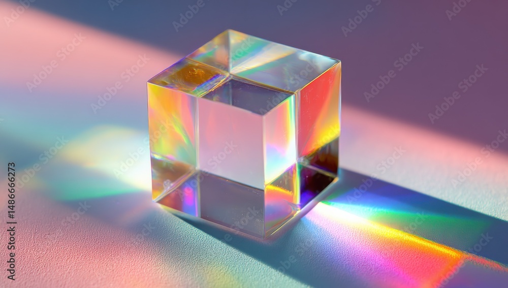 Poster a transparent glass cube with colorful light reflections on it, casting soft shadows and creating : 