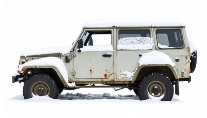 Obraz premium Abandoned Snow-Covered Military Humvee – White Background Photorealism
