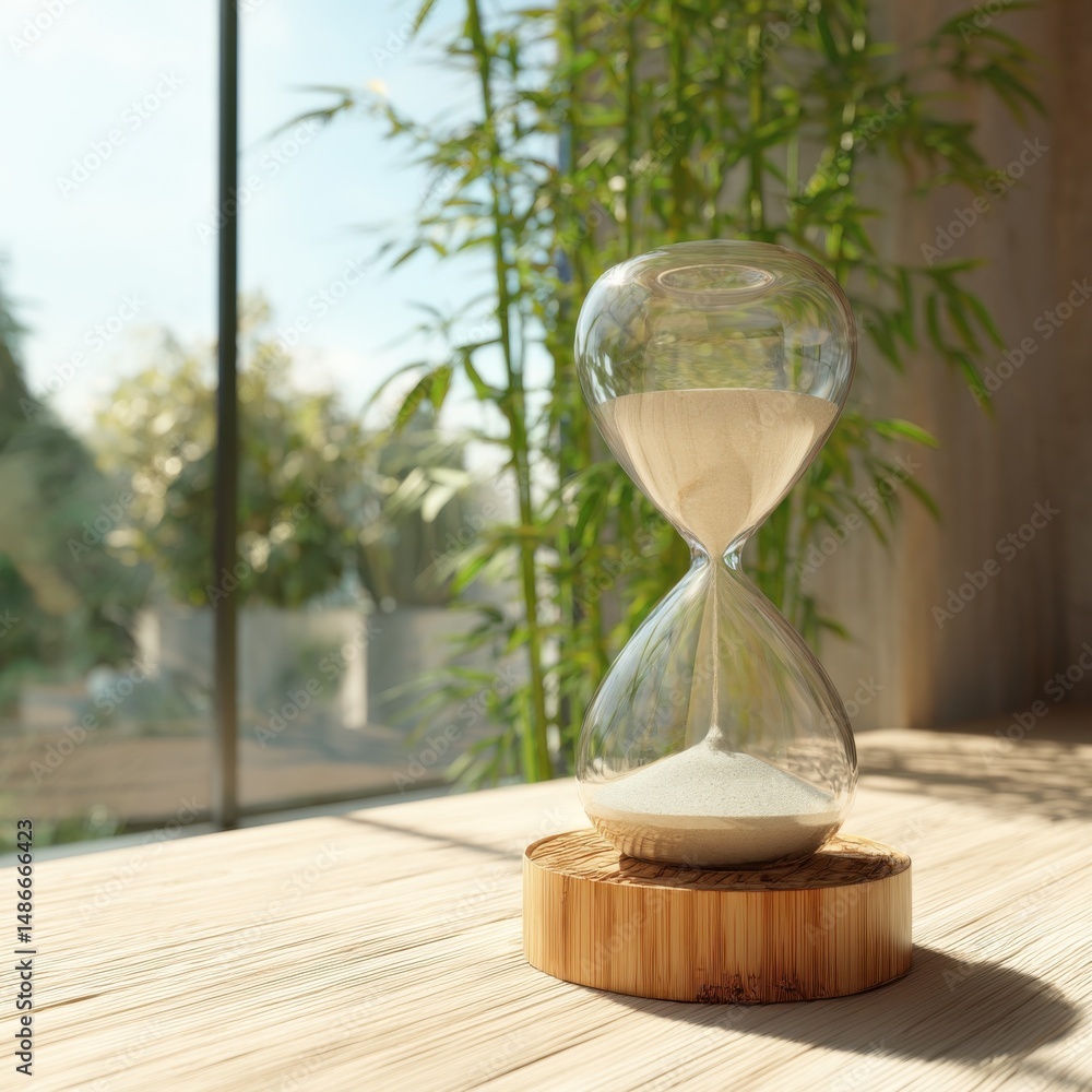 Poster sand flows through an hourglass resting on a wooden base, sunlight streams through a nearby window, 