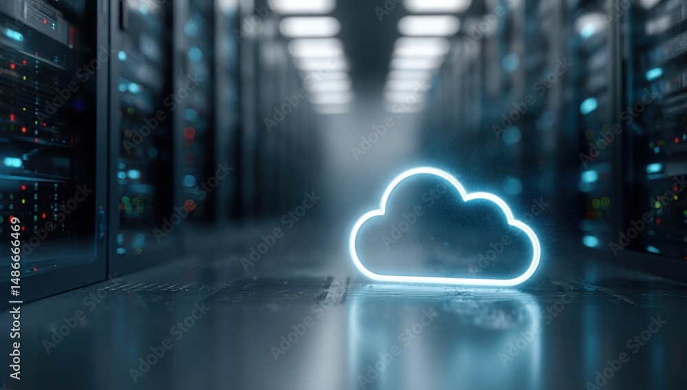 Poster Glowing cloud symbol on server room floor, representing data storage, cloud computing, and digital technology infrastructure. Futuristic server racks in background. : Generative AI