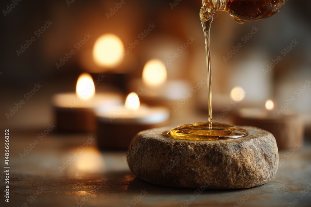 Poster amber essential oil pouring onto a smooth, grey stone, surrounded by softly glowing candles creating