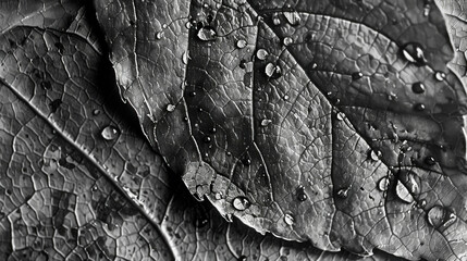 Closeup detailed grayscale leaves with water drops