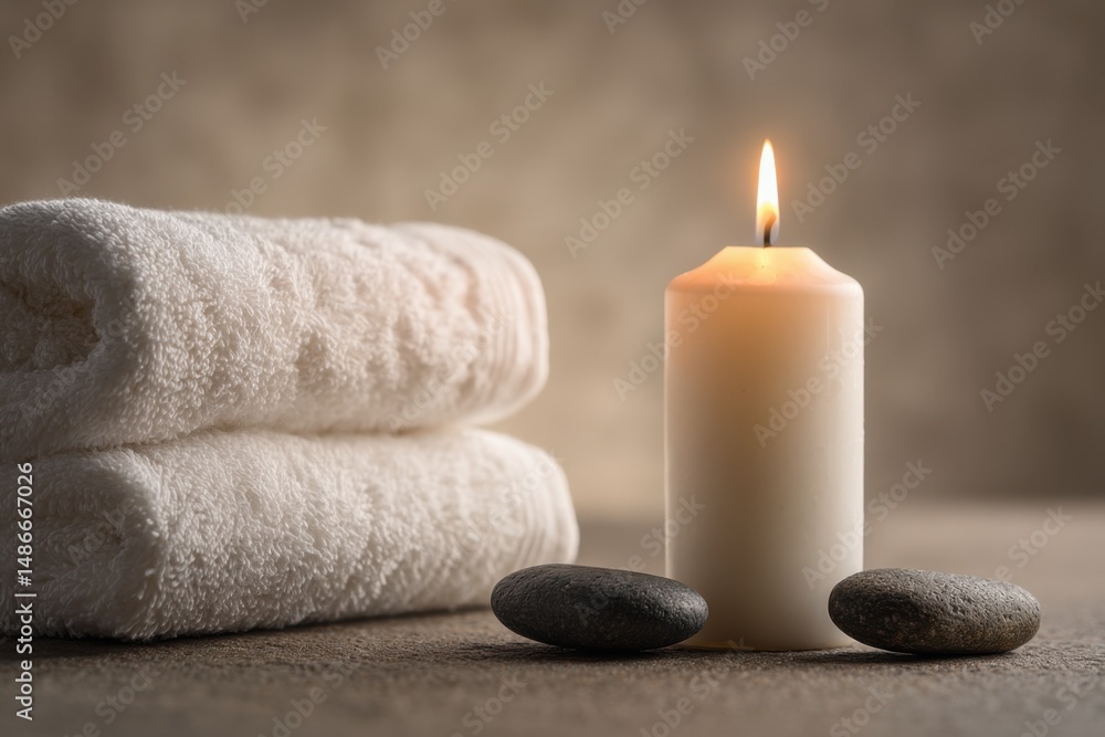 Poster spa treatment scene with fluffy white towels, a lit candle, and smooth grey stones, creating a seren