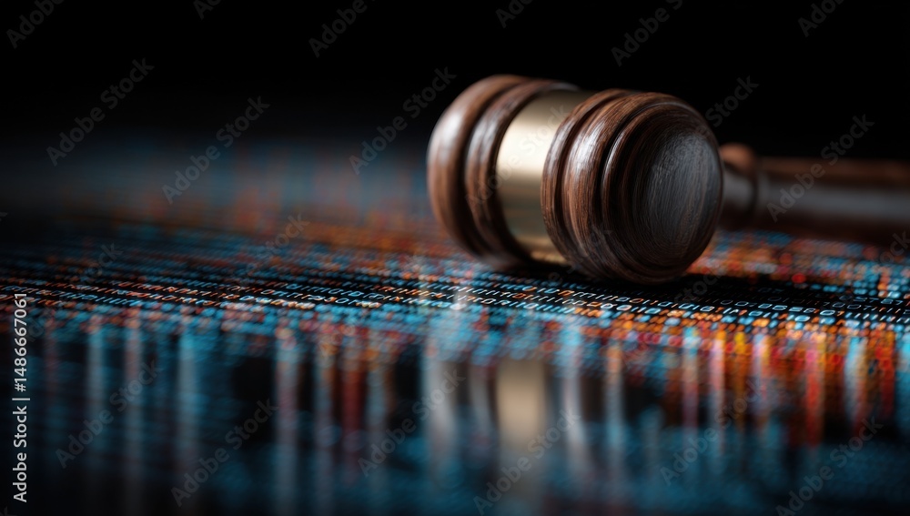 Poster Close-up of a wooden gavel resting on a blurred background of colorful binary code, symbolizing cyber law or digital justice. : Generative AI