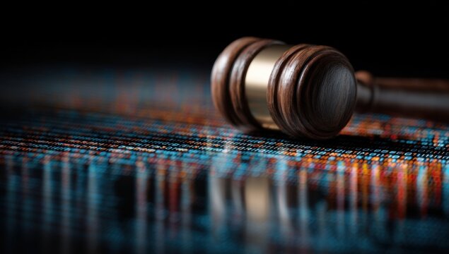 Close-up of a wooden gavel resting on a blurred background of colorful binary code, symbolizing cyber law or digital justice. : Generative AI