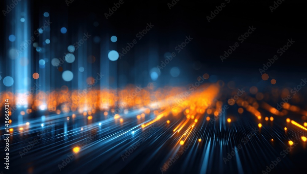 Poster Abstract digital landscape with glowing orange and blue particles, lines, and bokeh effects, creating a futuristic and technological atmosphere. : Generative AI