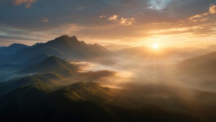 Fototapeta premium The sun rises behind the mountain peak : Generative AI