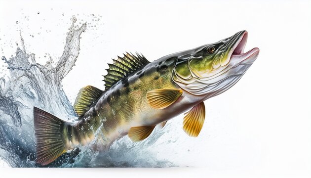 zander fish pike perch river fish jumping out of water isolated on white background generative ai