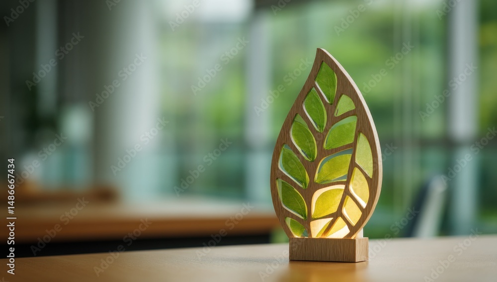 Poster illuminated wooden leaf design decorates a modern office desk, showcasing intricate cutouts and a so