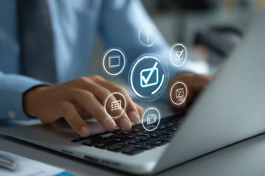 Person using laptop with digital interface showing checkmarks, calendar, and email icons, representing task management and online productivity. : Generative AI