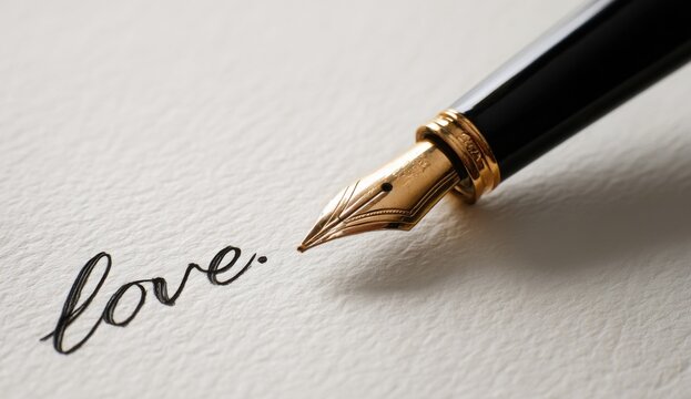 Close-up of a gold fountain pen writing the word love on cream-colored paper, elegant cursive script, luxury writing instrument. : Generative AI