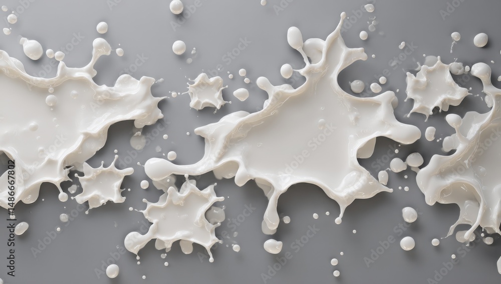 Poster Dynamic splash of creamy white liquid, elegantly flowing across a gray surface, creating a visually striking pattern of droplets and streams. : Generative AI