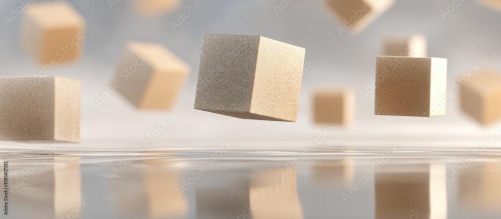 Leinwandbilder floating beige cubes reflecting on a calm water surface, creating a serene and minimalist 3d scene. 