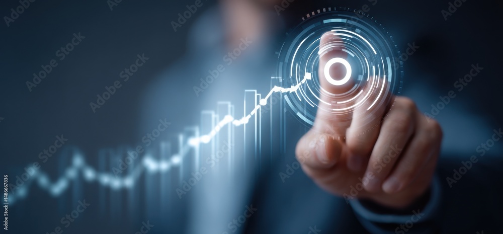 Poster Businessperson's finger interacts with a futuristic interface displaying an upward trending graph, symbolizing growth and technological advancement in the corporate world. : Generative AI