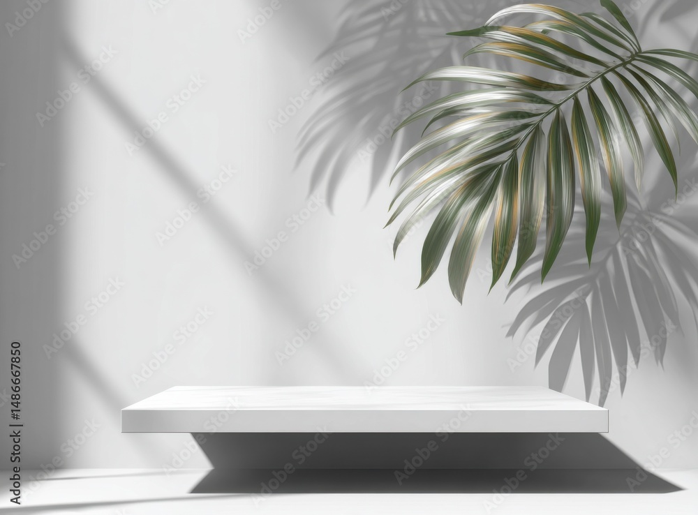 Aufkleber minimalist white shelf with tropical palm leaf and shadow, ideal for product display or branding pre