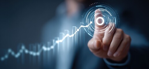 Businessperson's finger interacts with a futuristic interface displaying an upward trending graph, symbolizing growth and technological advancement in the corporate world. : Generative AI
