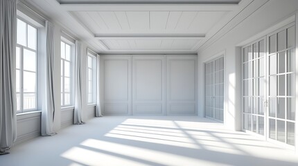 Fototapeta premium Elegant empty white room with large windows and soft natural sunlight casting shadows on the floor, showcasing classic interior architecture and minimal aesthetic atmosphere