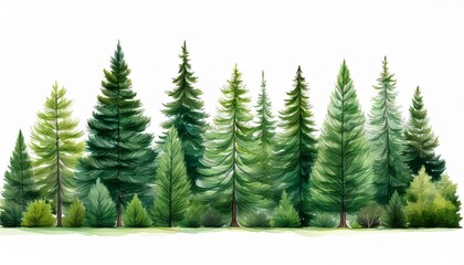 Obraz premium green evergreen fir pine spruce trees treeline isolated on white background generative ai