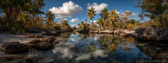 tranquil photograph of a calm tropical lagoon reflecting the surrounding lush greenery at sunset
